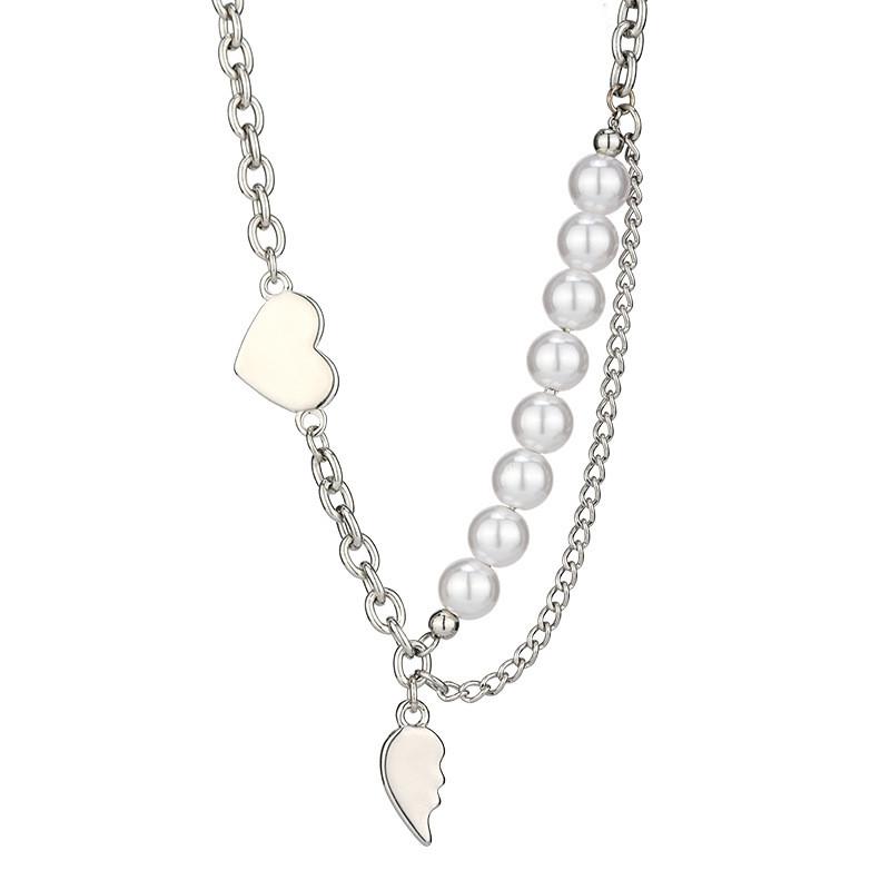 Heart Shaped Pearl Titanium Steel Chunky Necklace For Women Fashion Hip Hop Style