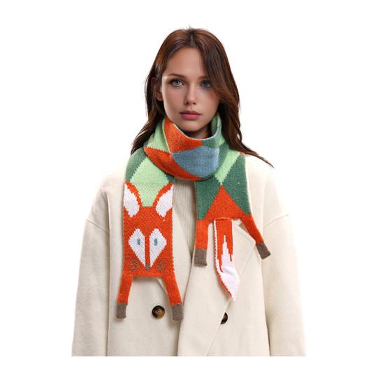 Women Scarf Cartoon Fox Design Faux Cashmere Soft Warm Scarf Autumn Winter Long Scarf Versatile Clothing
