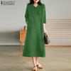Women Casual V-Neck 3/4 Sleeve Solid Color Loose Long Dress
