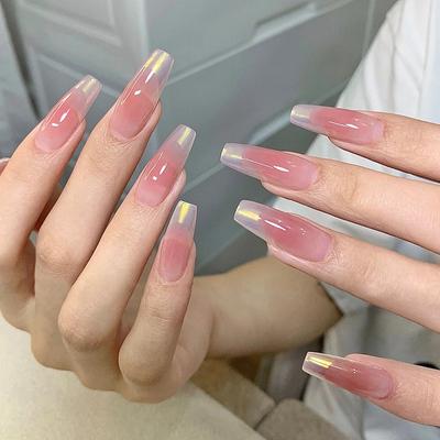 24 шт. Pure Desire Simple Aurora Glitter Long Ballet Nail Ice Transparent White Nail Piece Fake Nail Fairy Full Muse