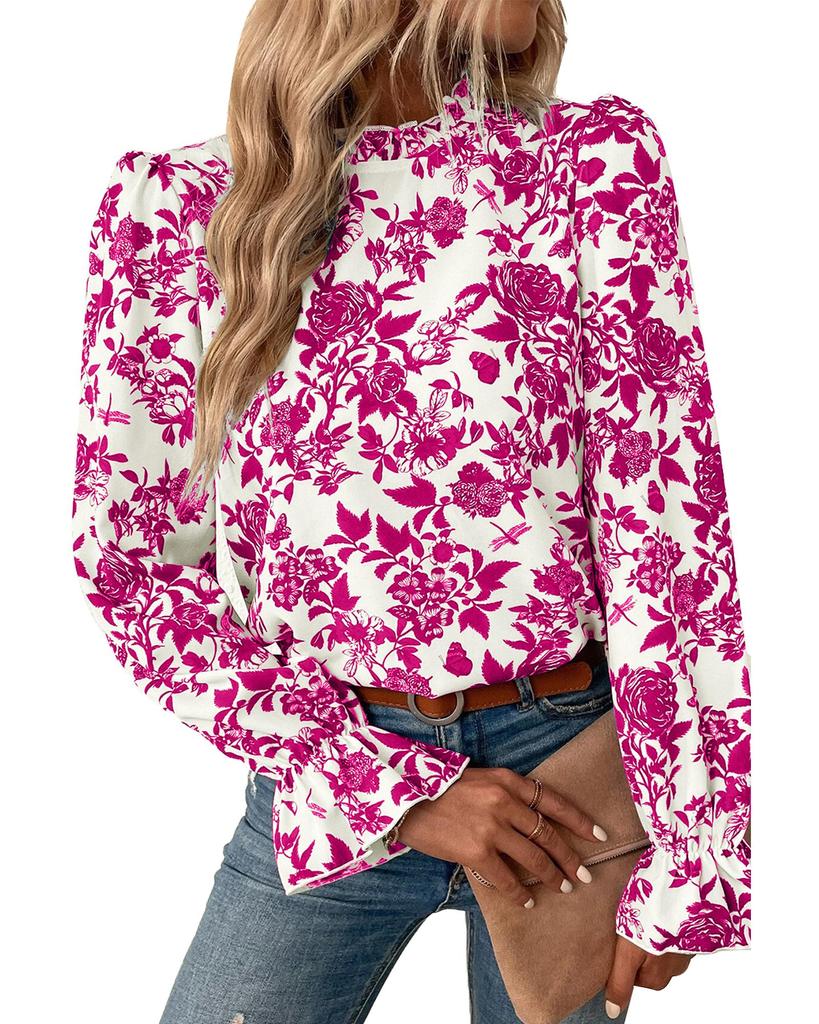 Azura Exchange Rose Floral Print Flounce Sleeve Keyhole Back Blouse