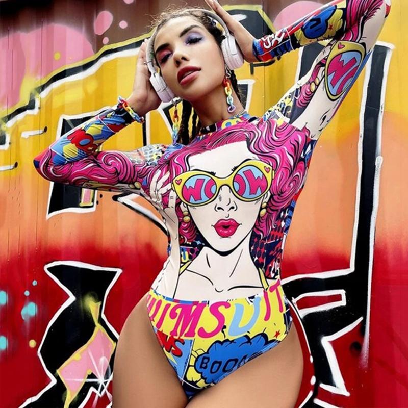 Women Backless Swimsuit One Piece Rash Guard Sun Protection Swimwear Sport Summer Print Surfing Sports Suit Bodysuit