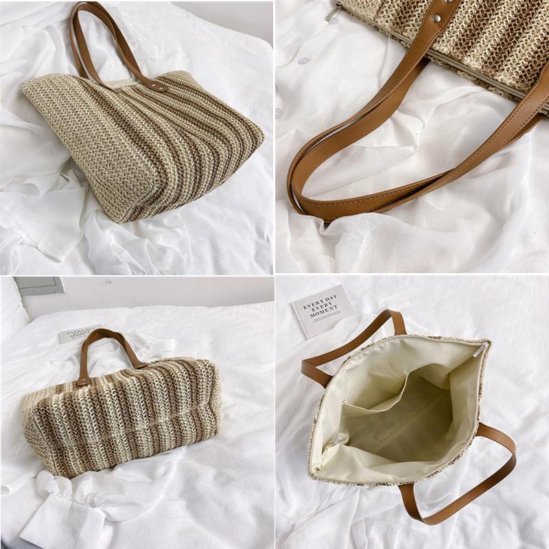 Striped Straw Shoulder Bag for Women Beach Bag Holidays Shopping Casual Tote New Summer Design