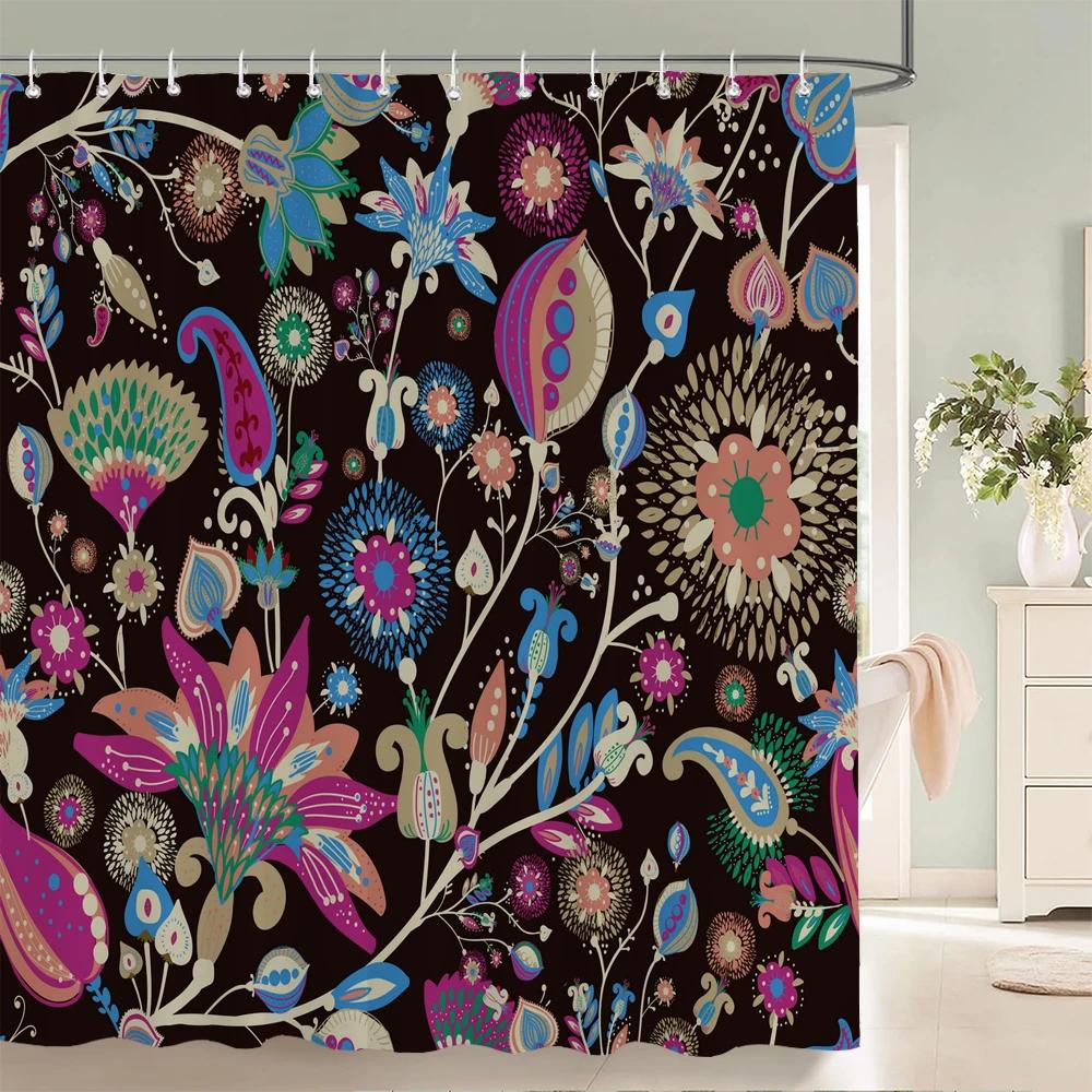 Indian Bohemian Fabric Shower Curtain Bathroom Curtains Boho Mandala Waterproof Fabric Bath Screen Bathtub Decor with 12 Hooks