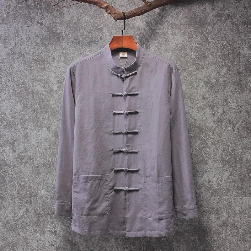 Мужская рубашка в китайском стиле ханьфу с длинными рукавами - смесь хлопка и льна, коллекция весна/осень