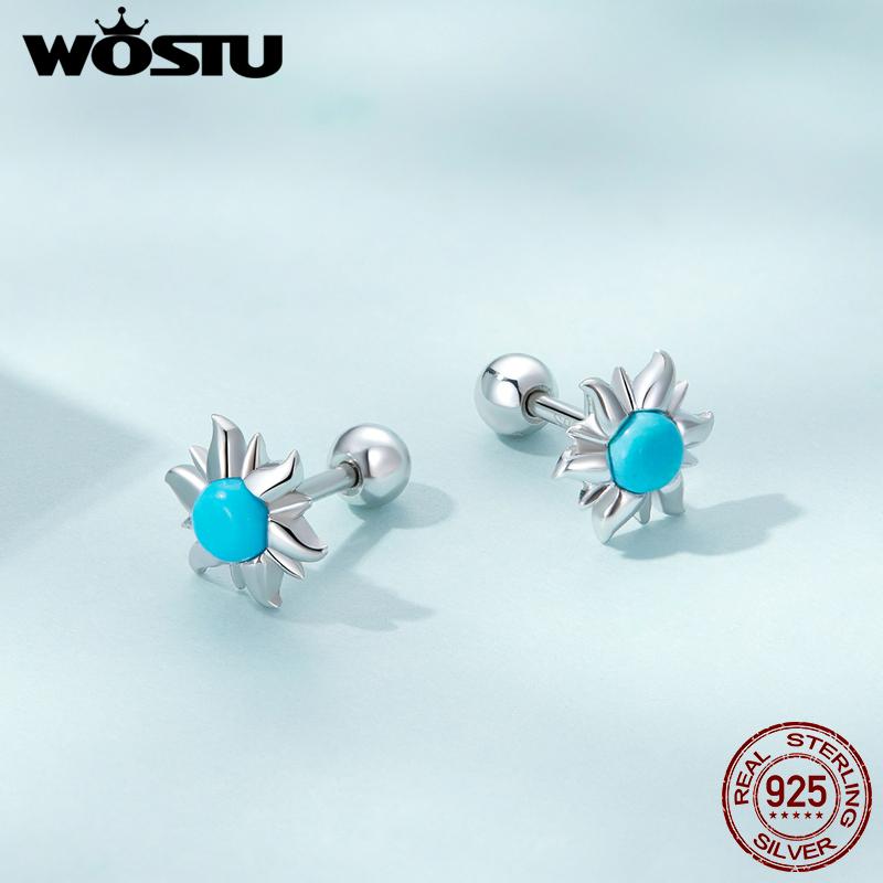 WOSTU 925 Sterling Silver Tiny Sun Stud Earrings for Women Trendy Fine Wedding Jewelry Blue Turquoise Piercing Earrings