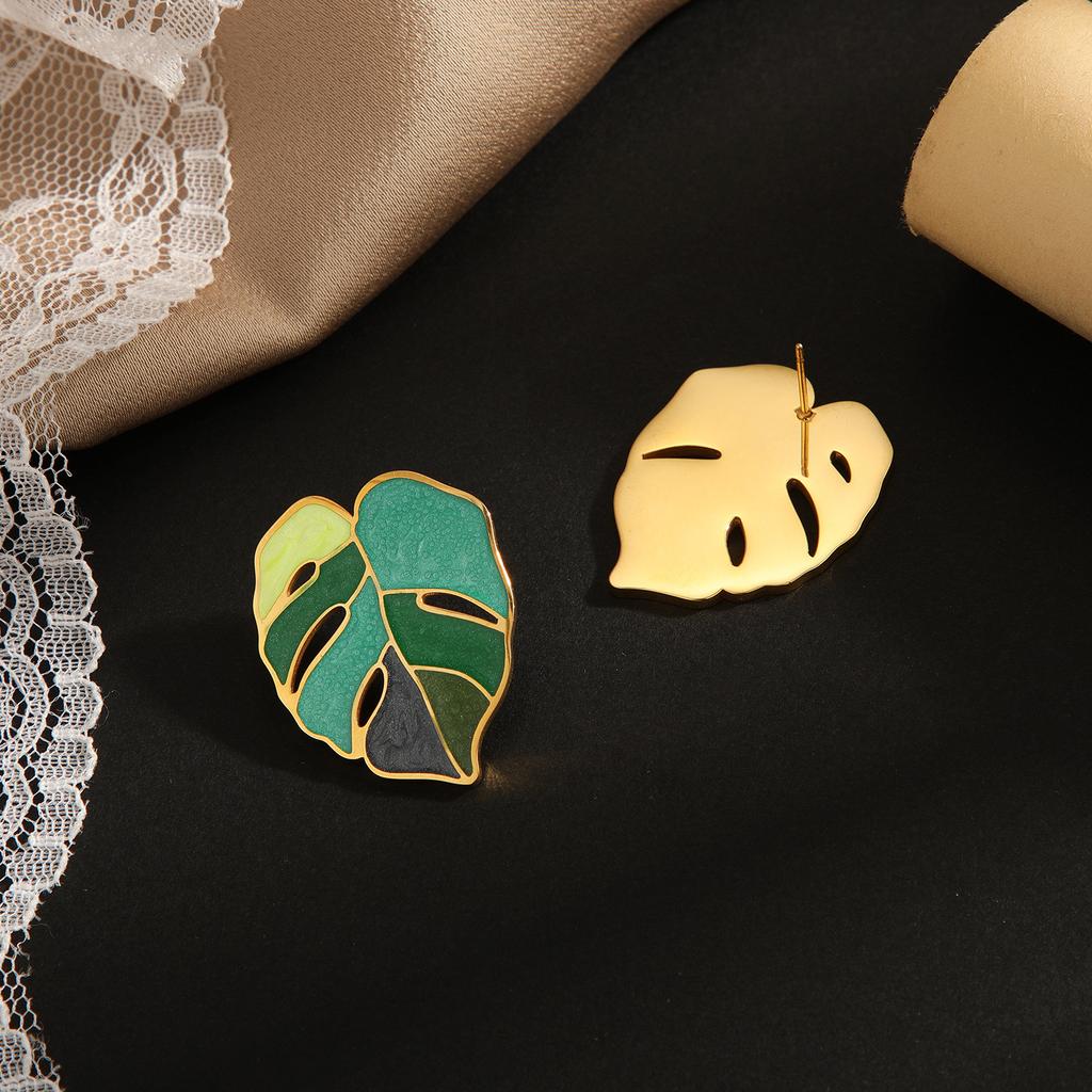 Индивидуальный профессиональный дизайн, нержавеющая сталь 18K гальваническое покрытие настоящее золото полые преувеличенные листья зеленая эмаль серьги-пусеты женские