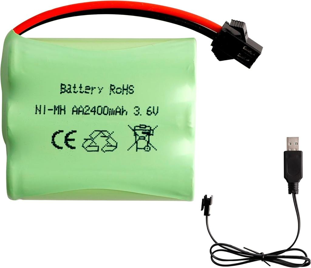 3.6V 2400mAh Ni-MH AA Rechargeable Battery with USB Charging Cable and SM-2P Connector – Ideal for RC Toys, Lighting, and Power Tools