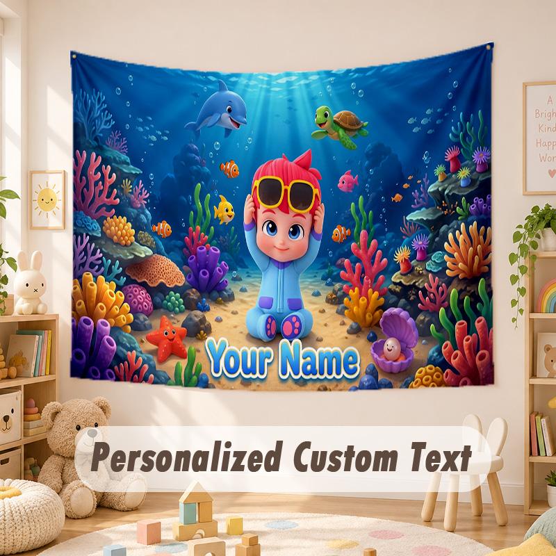 Custom Name Text Tapestry,Baby Shark Boho Wall Hanging, Decorative Backdrop Tapestry For Room