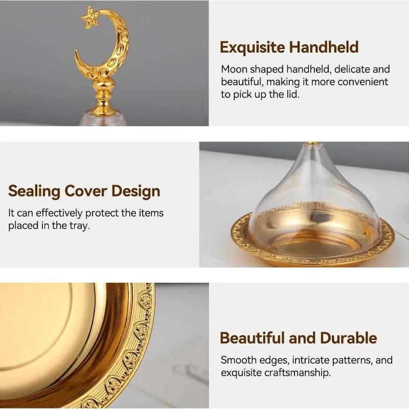 Metal Ramadan Tray with Clear Dome Acrylic Lid Mini Cake Candy Tray Reusable Dessert Tray Round Food Storage Organizer for Nuts