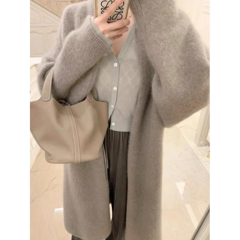 Модный супер красивый свитер женский осенне-зимний ленивый гонконгский стиль ретро шик средней длины длинный вязаный кардиган пальто