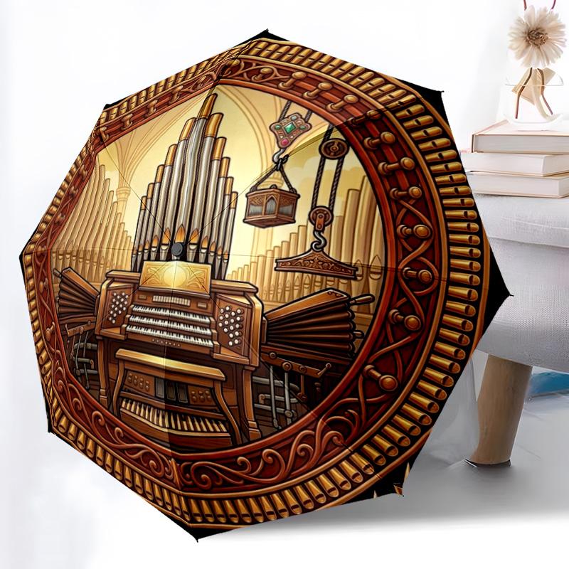 Golden Organ Symphony pattern umbrella, portable and foldable design, 8 ribs, a casual accessory for Halloween, Christmas, and birthday gifts.