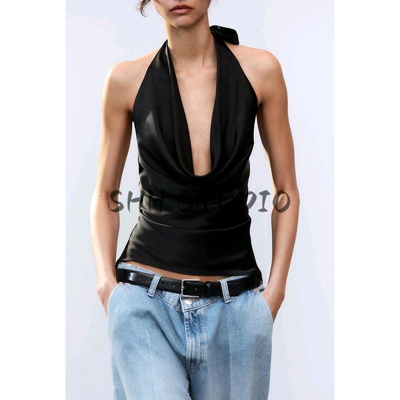 Spring and Summer New Women's Clothing Bowknot Decoration Draped Fashion Hanging Collar Silk Satin Texture Tops 2892650