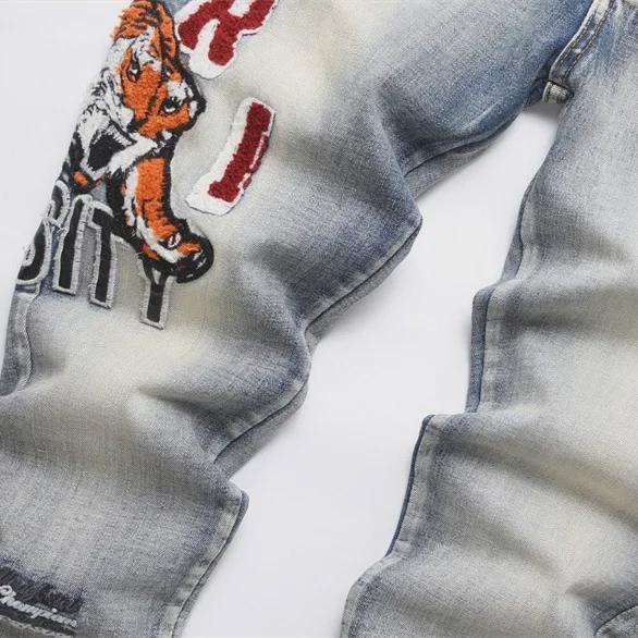 Мужские ретро-узкие синие джинсы с вышивкой в виде дырок