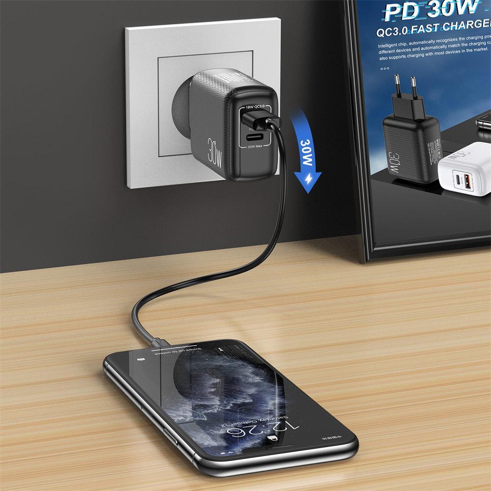 QGeeM PD 30 Вт 2 порта ЕС Plug адаптер для быстрого зарядного устройства для iPhone 14 13 12 11 Samsung Xiaomi Huawei QC 3,0 Быстрое зарядное устройство для мобильного телефона