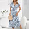 Women Summer Short Sleeve V Neck Printed Holiday Beach Bohemian Style One Piece Dress