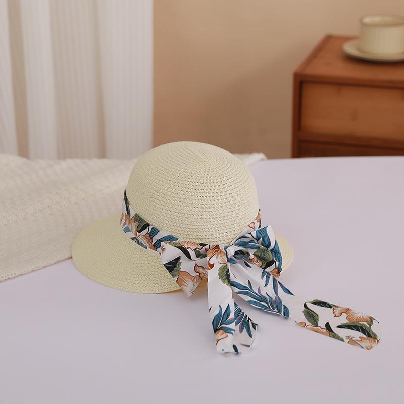 Flower Ribbon Bowknot Straw Hat Elegant Solid Color Sun Hat Trendy French Style Foldable Travel Beach Hats for Women Daily Use Summer Outdoor