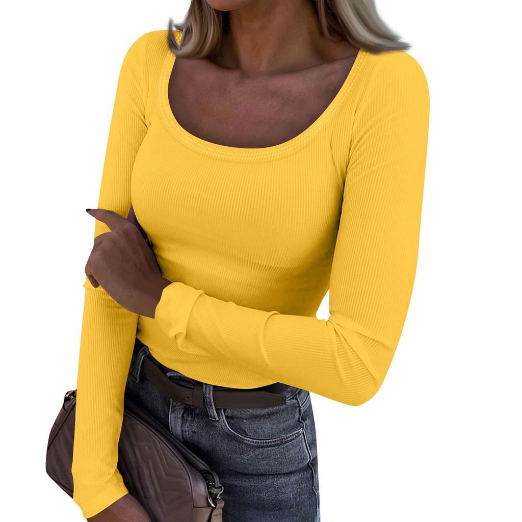 Women's  And Winter Slim Bottom T-shirt Fashion Casual Solid Color U Neck Pullover Long Sleeve Top