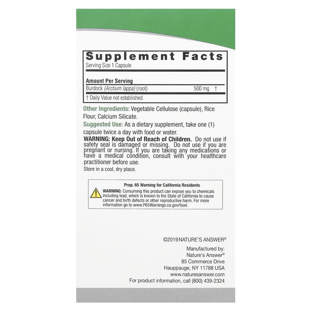 Nature's Answer Burdock, Full Spectrum Herb, 500Mg, 90 Veggie Caps