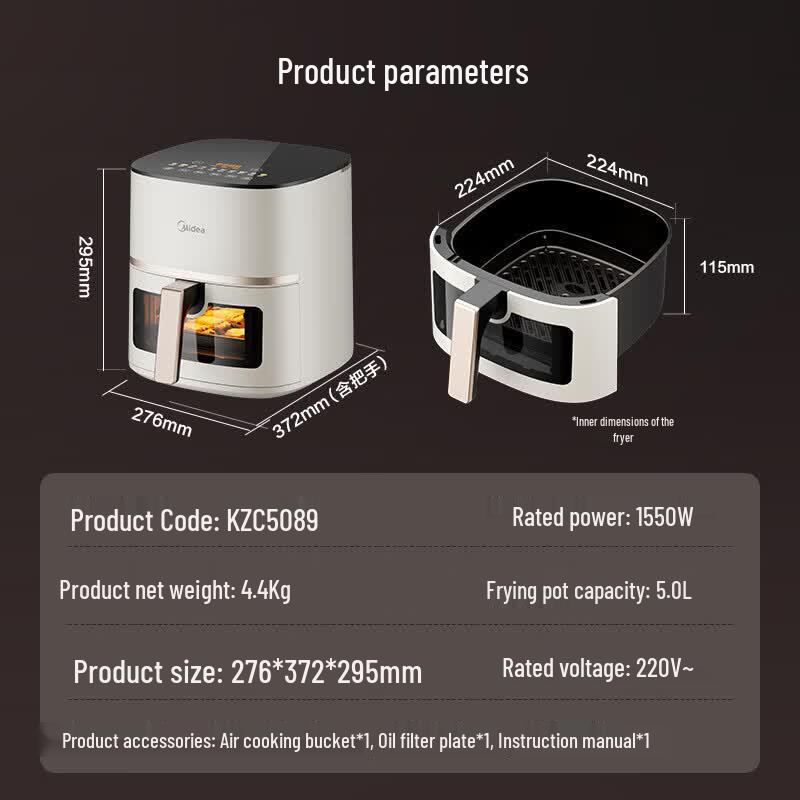 Midea 5L Smart Visual Steam Air Fryer CN plug (adapter included)