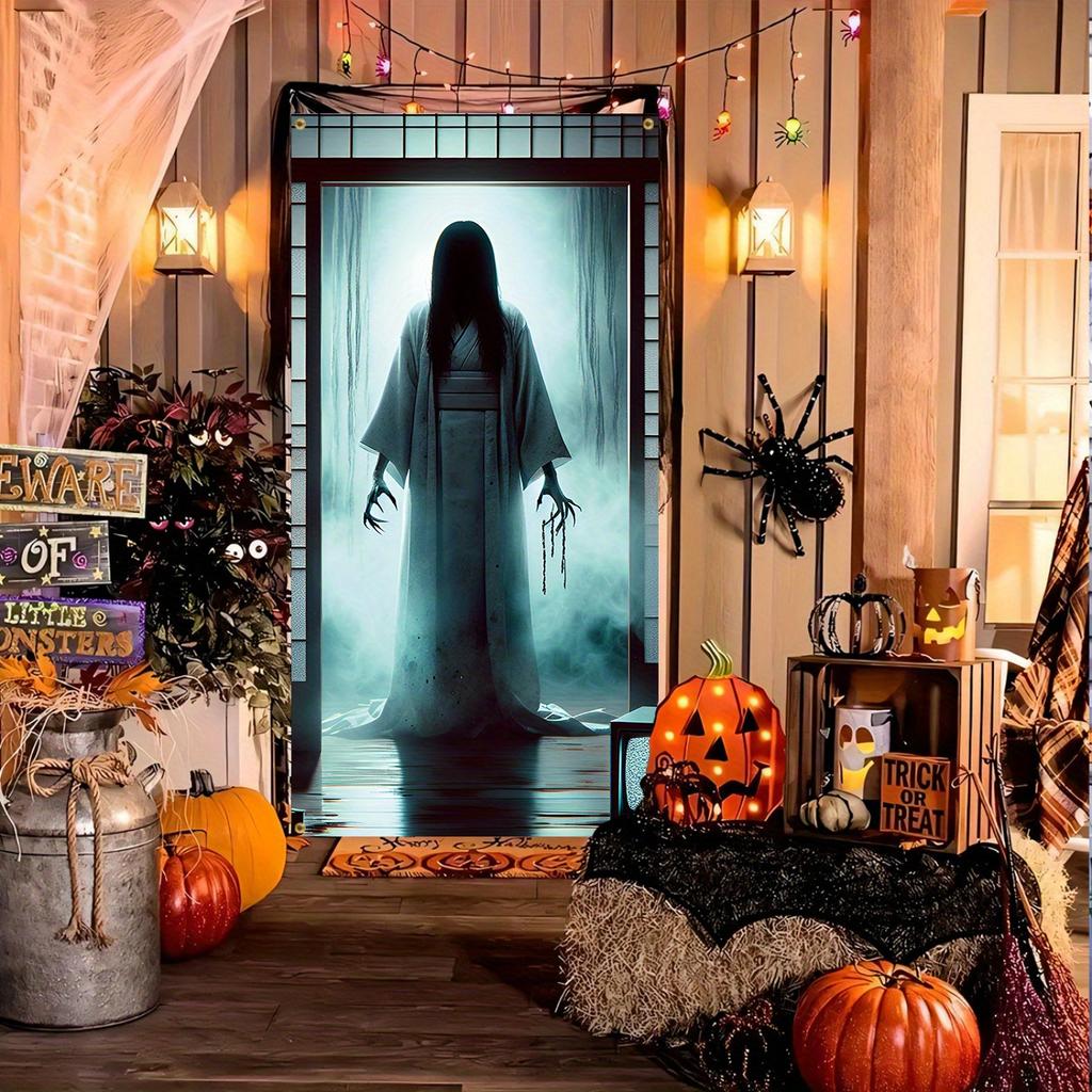 1pc 2D Door Flag  Halloween Welcome Door Flag - Evil Spirit White Dress Doll with Luminous Eyes