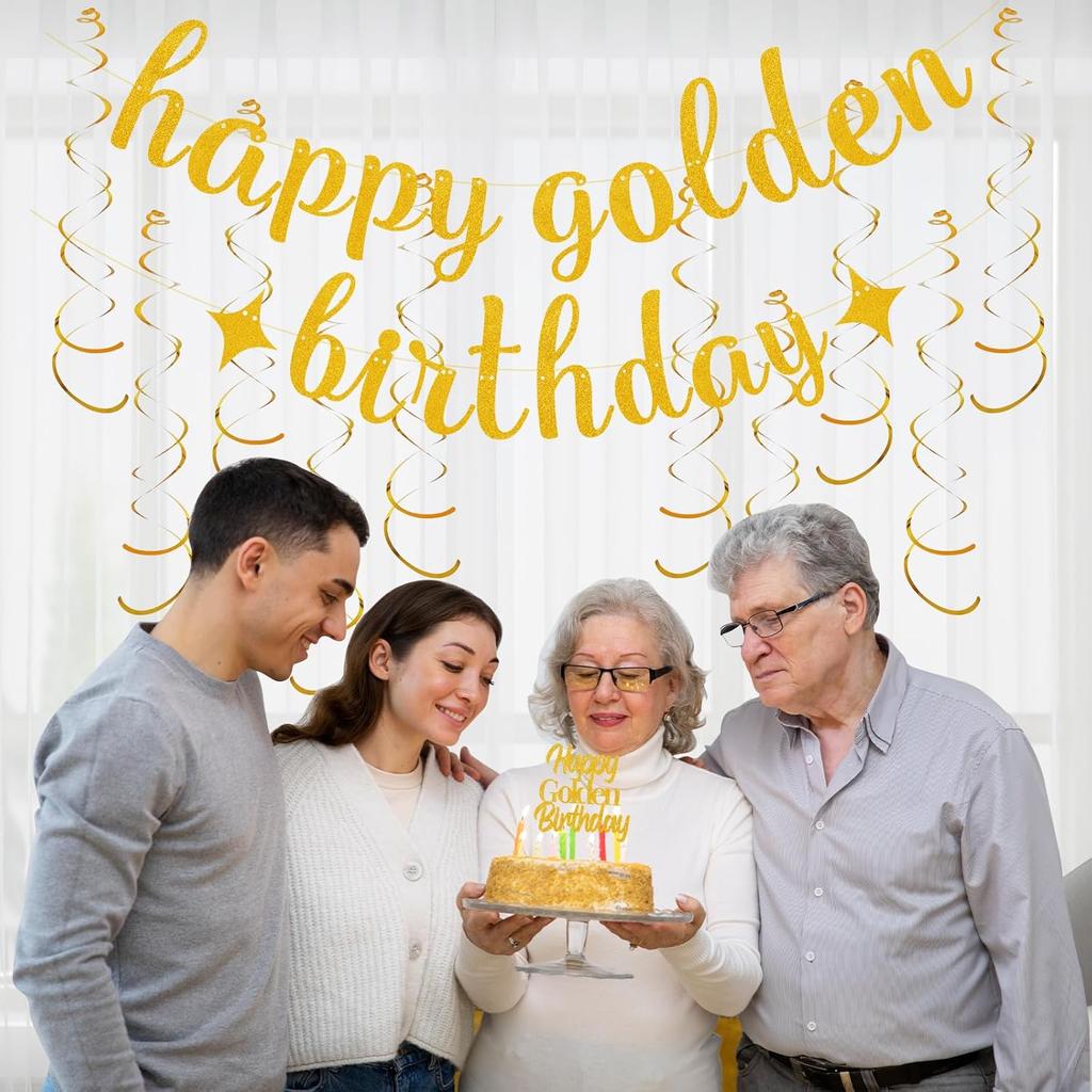 12Pcs Golden Birthday Party Decorations Includes Happy Golden Birthday Banner,10Pcs gold hanging swirls, 1Pcs Glitter Golde Cake Topper.