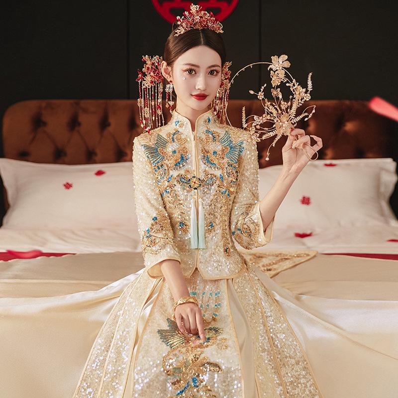 Xiuhefu 2025 Elegant Chinese Bridal Champagne Dress - Summer Dragon & Phoenix Kimono Gown