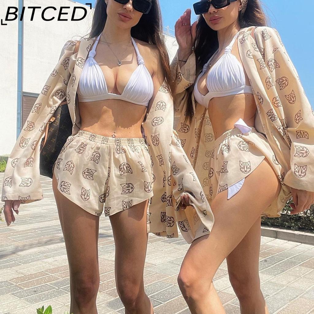 BITCED Loose Long Sleeve Women's Print Casual Commuter Lace-up Pajamas High-waisted Shorts Set