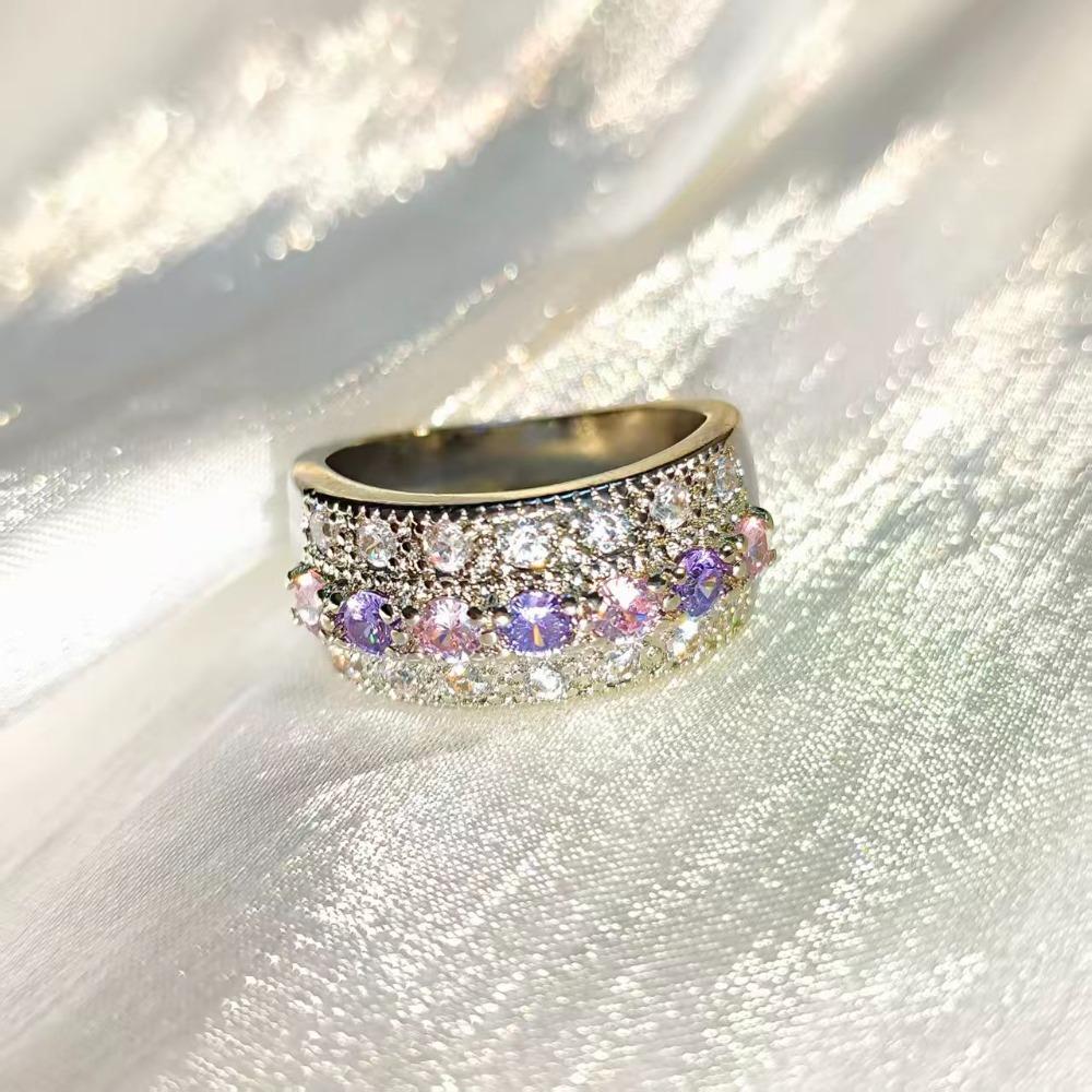 925 Sterling Silver Three-row Zircon Pink Purple Sparkling Light Luxury Wide RingGood product