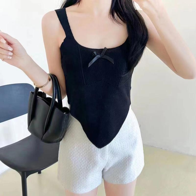 Весна и лето Новый стиль Дизайн и темперамент Простой бант Нерегулярный вязаный жилет на подтяжках Универсальный топ для женщин