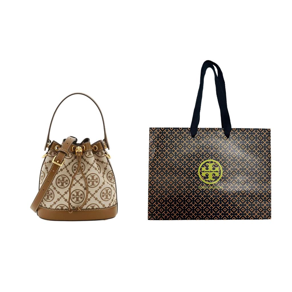 Tory Burch T Monogram Brass Accented Elegant Drawstring Bucket Bag With Push Lock Women Handbags Hazelnut-Brown 84336-371