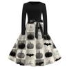Women's Casual Halloween Print Vintage Round Neck Long Sleeve Dress Retro Fit and Flare Style with Waist Tie and Unique Pumpkin Pattern