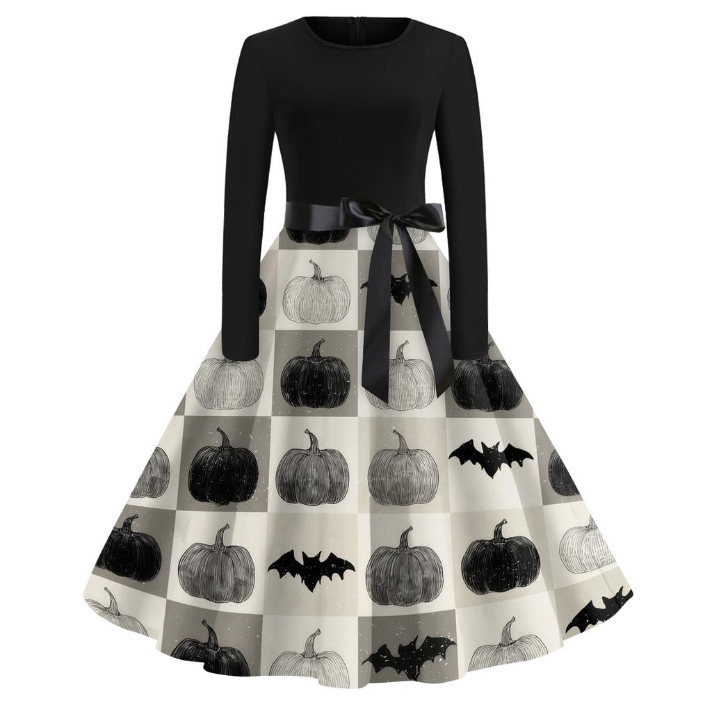 Women's Casual Halloween Print Vintage Round Neck Long Sleeve Dress Retro Fit and Flare Style with Waist Tie and Unique Pumpkin Pattern