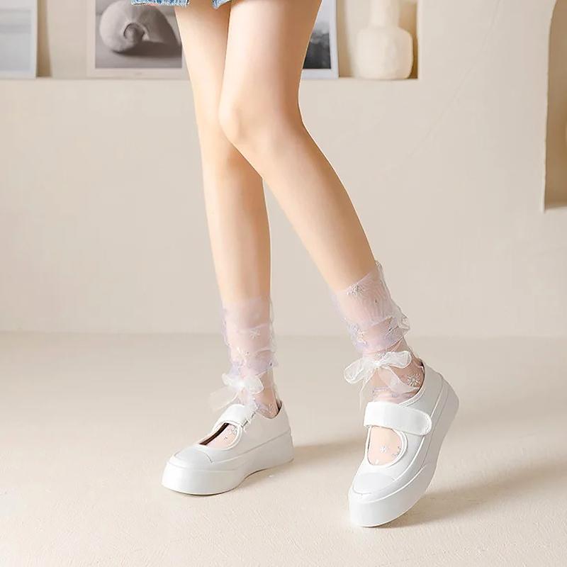 1 пара модных летних прозрачных носков средней длины из тюля с принтом снежинок и бантом Kawaii