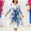 Женское платье большого размера с V-образным вырезом, отделкой из искусственного меха, длинным рукавом, сине-белым принтом и поясом, А-силуэта