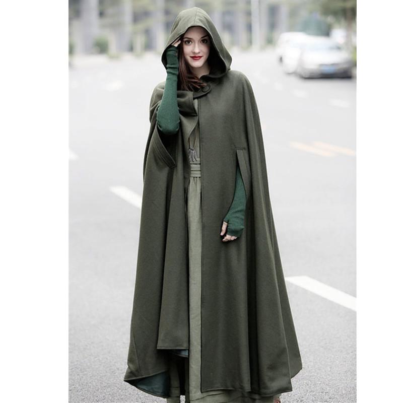 Autumn Winter Gothic Trendy Maxi Hooded Wool Cloak Cardigan Coat Maxi Cashmere Hoodie Long Cape Costume Cosplay Outerwear
