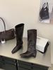 Slope heel square head leather face high tube boots autumn and winter retro temperament commuting but knee knight boots and skirt