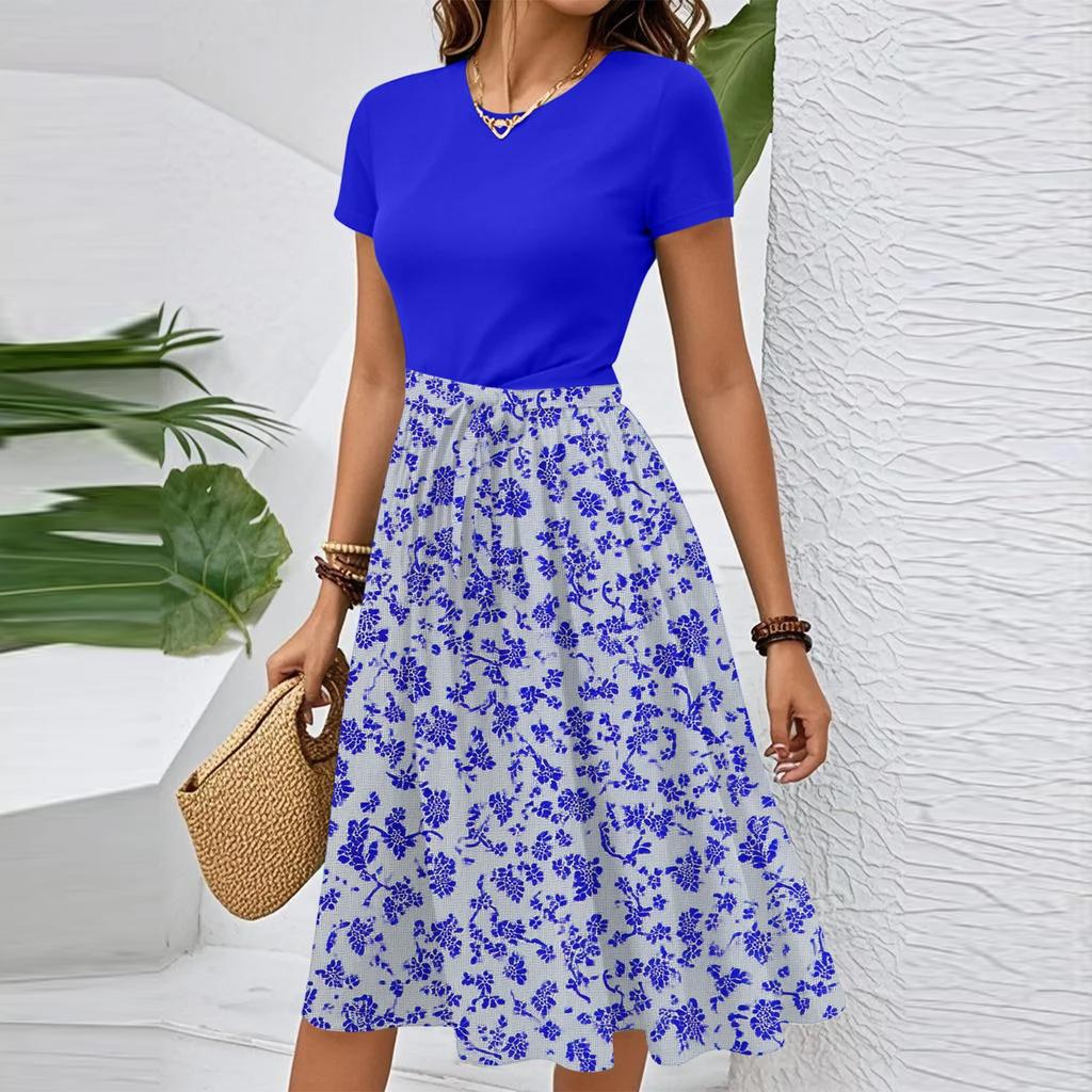 Women's Casual Fashion Belted Floral Print Short Sleeve Round Neck Elegant Dress