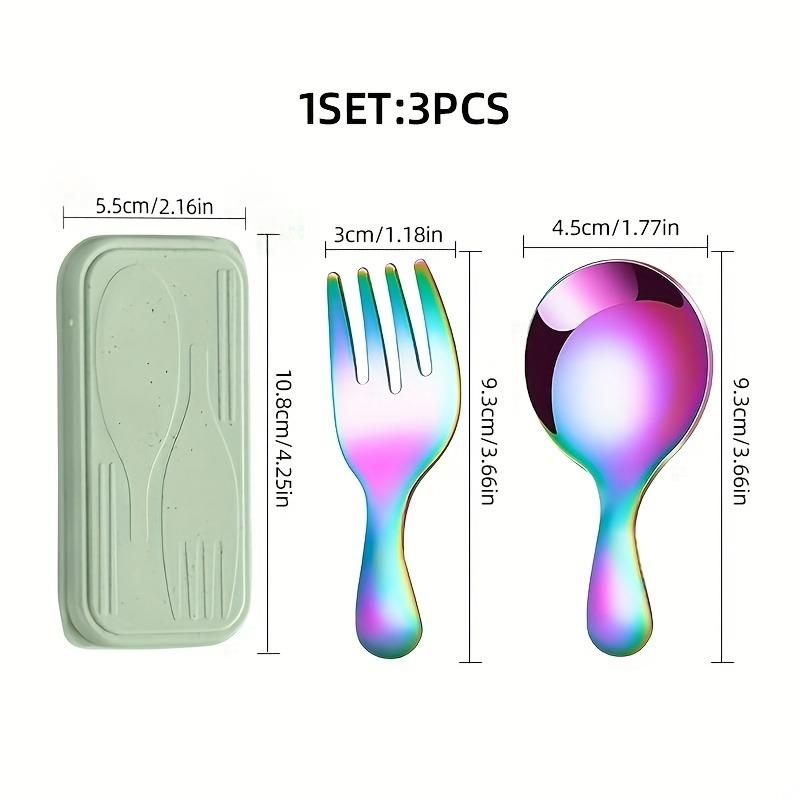 3pcs Portable Cutlery Set, Stainless Steel Short Handle Round Head Spoon, Mini Spoon and Fork Set Boxed