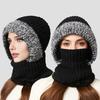 3 In 1 Knit Hat Solid Color Plush Trim Velvet Lining Winter Hat Scarf Face Guard Set Windproof Fleece Lined Headwear