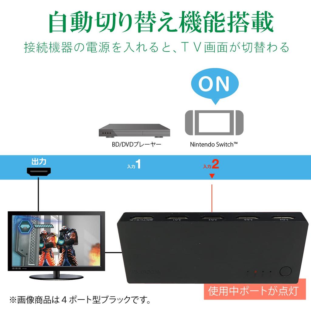 HDMI-переключатель ELECOM с 2 входами, 1 выходом, беспроводной, черный [Совместим с PS4/PS3/Switch], автоматический/ручной DH-SWL2CBK