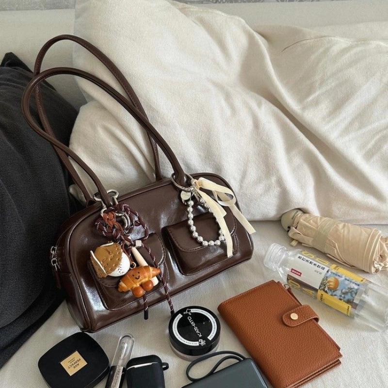 Коричневая ретро корейская женская сумка для боулинга - Большая вместимость, сумка через плечо для осени и зимы