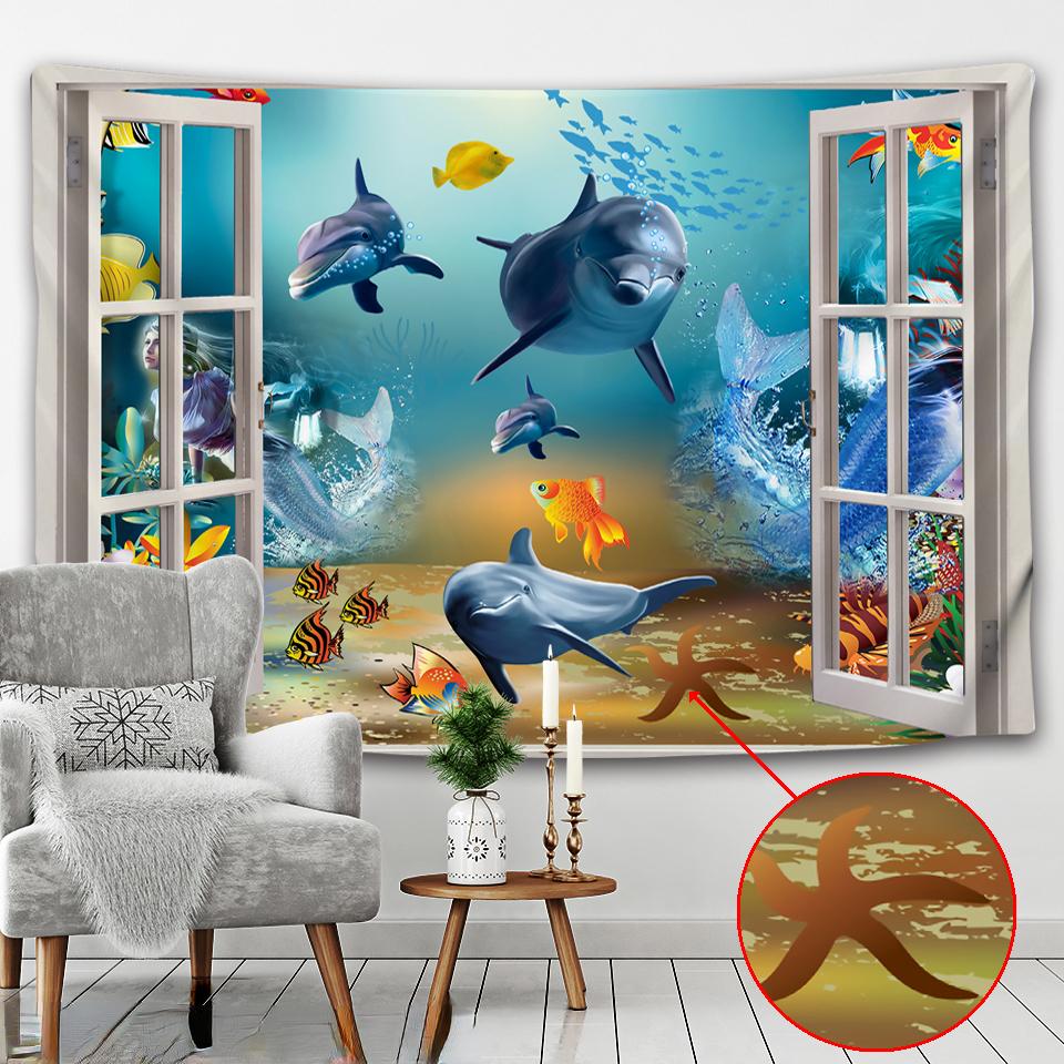 3D Underwater World Tapestry Imitation Window Sea Life Dolphin Tapestry Wall Hanging Living Room Room Aesthetics Home Decor