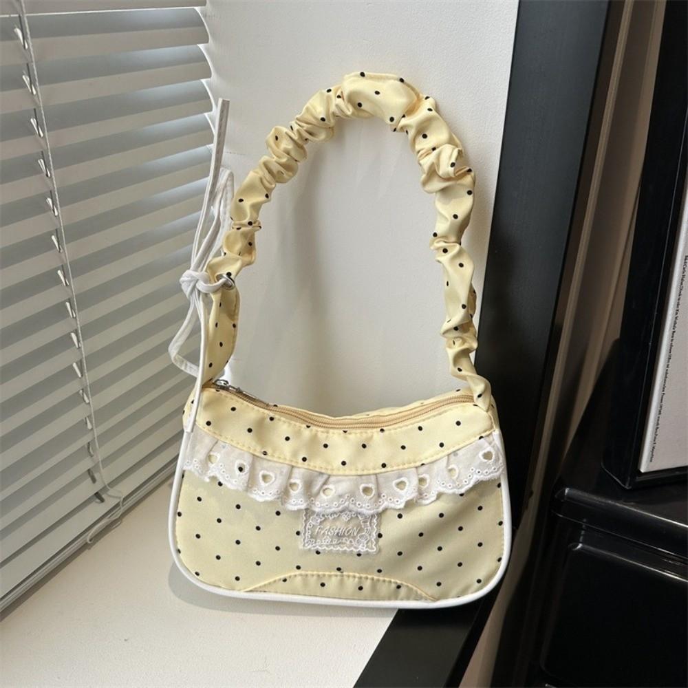Lace Polka Dot Shoulder Bag Drawstring French Stick Handbag Y2K Pleated Underarm Bag Travel