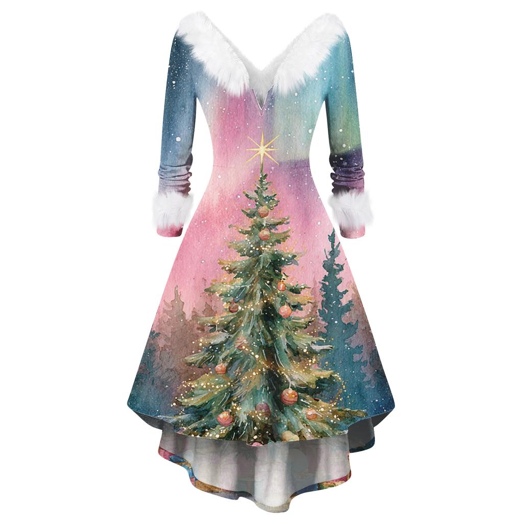 Женское модное повседневное приталенное платье с рождественским принтом для вечеринки с длинными рукавами