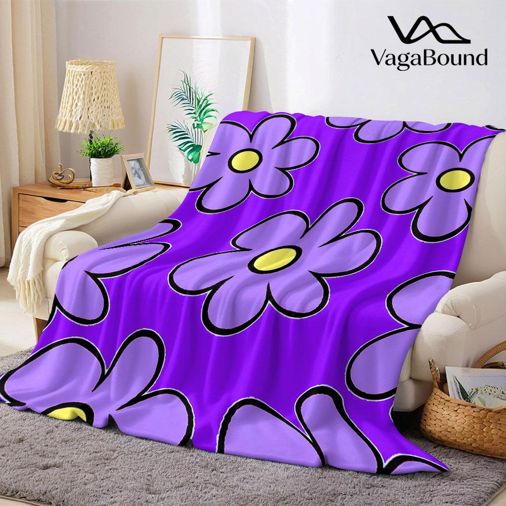 Pop Purple Outline Flower Flannel Blanket Warm Soft Halloween Christmas Decorative Couch Warm Cozy All-Season Gift