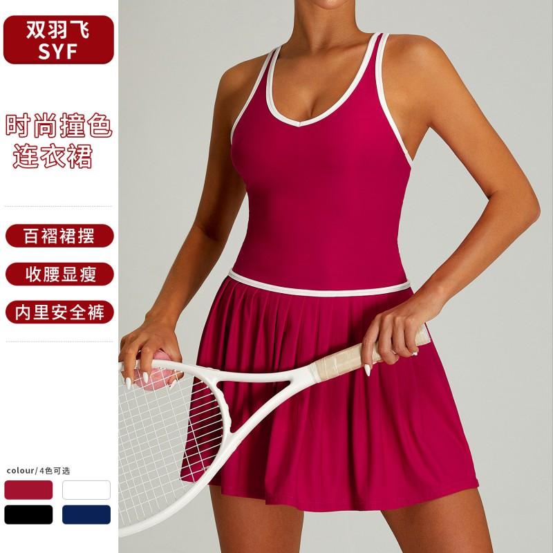 Womens Color-Block Tennis Dress With Built-in Shorts Quick-Dry Running Skirt Gym Fitness Outdoor Sports