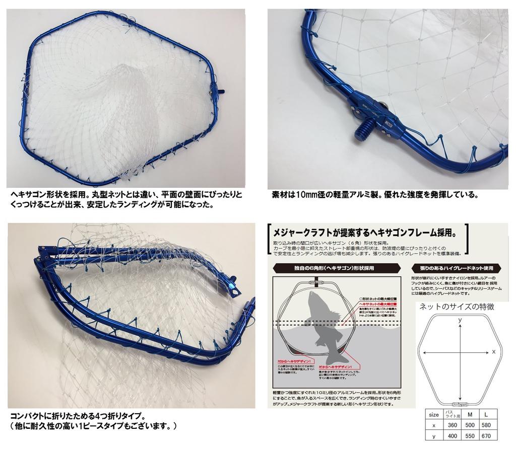 Major Craft Hexa Landing Net with Net Net, Large, 4-Fold Frame, Blue, MCHN-4L/BL