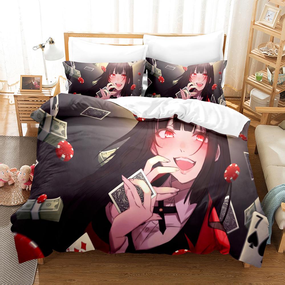 Kakegurui Юмеко Джабами Комплект постельного белья Большое лицо Аниме-персонаж Красный Черный Школьная форма Принт Пододеяльник Все размеры Настраиваемый
