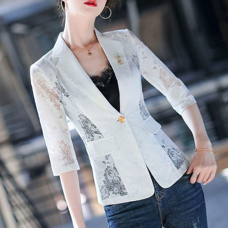 Кружевной костюм с принтом, утягивающий костюм в Корейском стиле, весенне-летняя мода в женском стиле, тонкий тонкий костюм, пальто, женский солнцезащитный крем